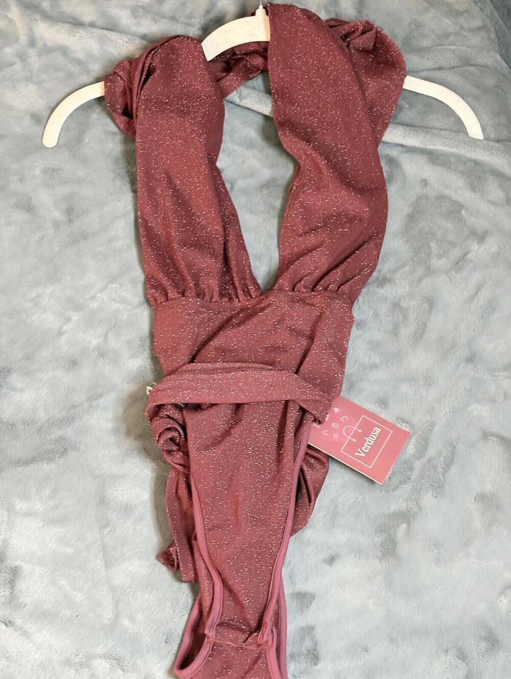 Shimmery Burgundy One-Piece Bodysuit with Deep V Neck